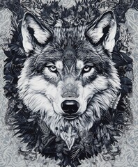A detailed illustration of a wolf's head surrounded by foliage.