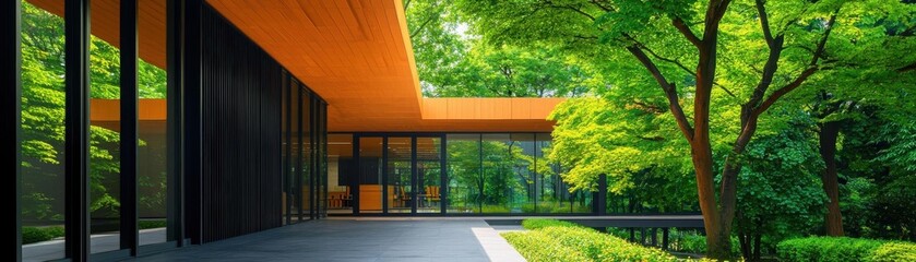 Fototapeta premium A corporate office built within a forest, signifying harmony between business expansion and environmental conservation, eco-friendly corporate architecture