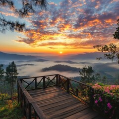 Panorama Sunrise and misty at Doi Phatang viewpoint, Chiangrai province, Thailand