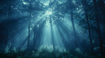 Glowing light beams breaking through a dense fog in a dark forest