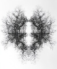 Obraz premium A symmetrical black and white illustration of bare trees, creating a mirrored effect.