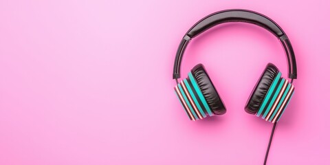 Fototapeta premium Black Headphones with Colorful Stripes on Pink Background