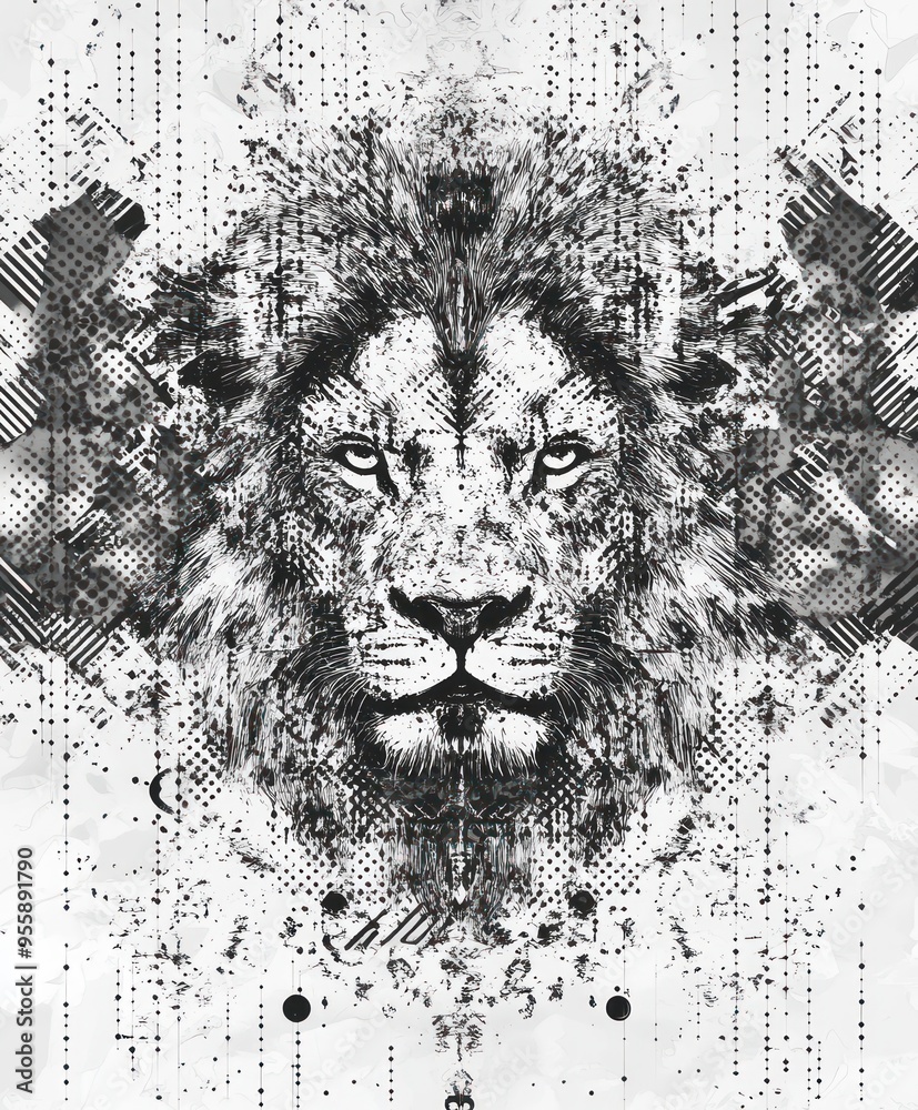 Wall mural A striking black-and-white illustration of a lion's head, showcasing artistic detail and texture.