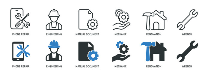 Repair, setting line and glyph solid icons collection. Minimal icon and symbol series vector illustration