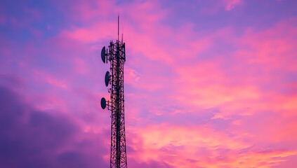 Silhouetted Telecommunication Tower Against a Vibrant Pink Sunset Sky