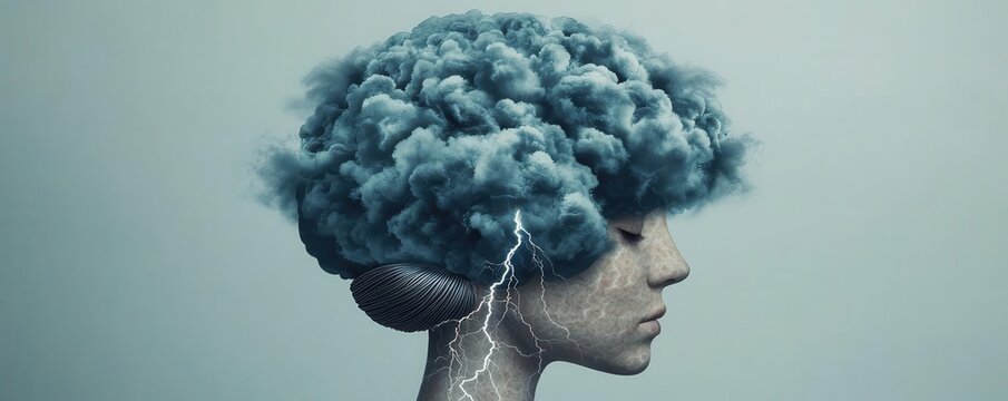 An abstract depiction of a brain with storm clouds, rain, and lightning, representing the turmoil of depressive thoughts