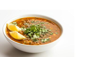 A savory harira soup, topped with fresh cilantro and lemon slices, set against a white background. Ai Image