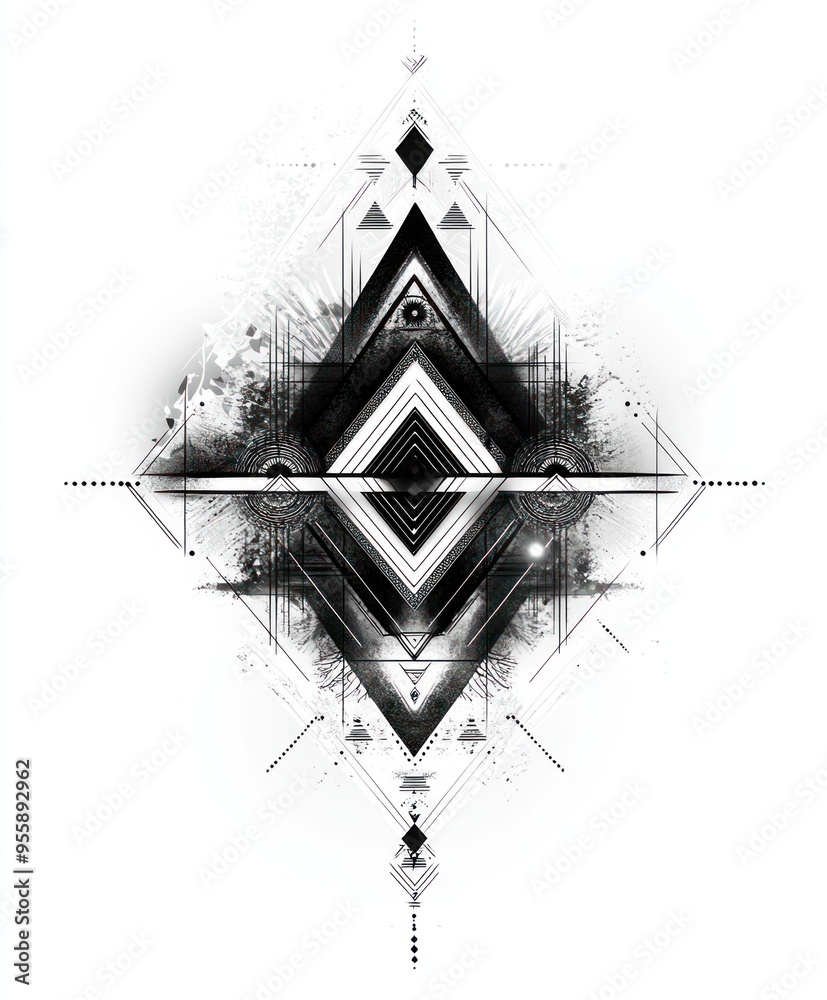 Wall mural Abstract geometric design in black and white with intricate patterns and shapes.