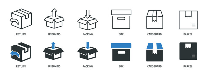 Package, box line and glyph solid icons collection. Minimal icon and symbol series vector illustration