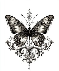 A decorative black and white illustration of a butterfly with intricate floral patterns.