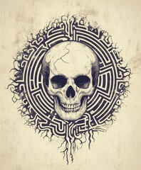 Fototapeta premium A detailed illustration of a skull surrounded by a maze-like pattern.