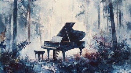A solitary grand piano sits in a misty forest, symbolizing the quiet beauty of nature, the solitude of artistic expression, the passing of time, the fragility of life, and the power of music to connec