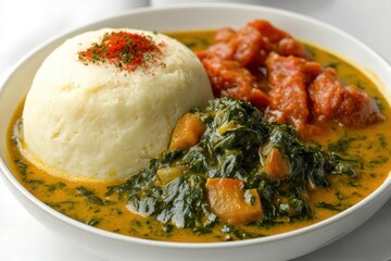 A Bowl of Ugali, Spinach, and Tomato Stew