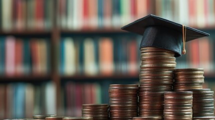A college student explores scholarship options amidst stacks of coins in a library