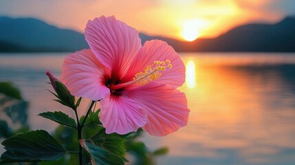 A single pink hibiscus flower on background of far away hills during surise