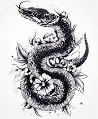 Obraz premium A detailed black and white illustration of a snake intertwined with flowers and leaves.