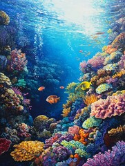 A stunning underwater scene showcasing a vibrant coral reef teeming with life. The image captures the beauty and diversity of the marine ecosystem, with colorful corals, exotic fish, and a sunlit surf