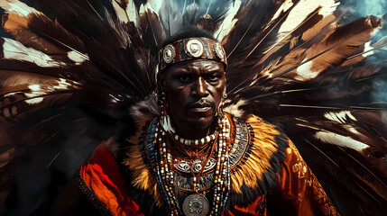 Zulu king portrayed in an epic style with african warrior historical costume and feathers. Warrior. Illustration