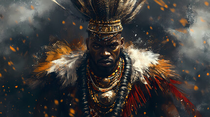 Zulu king portrayed in an epic style with african warrior historical costume and feathers. Warrior. Illustration