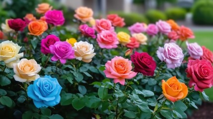 Different colored roses in a garden