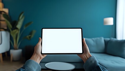 Naklejka premium Holding Tablet with Blank Screen in Modern Living Room Interior