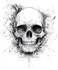 A detailed skull illustration surrounded by decorative floral elements.