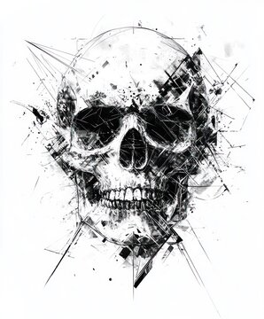 A stylized skull illustration with abstract geometric elements and sharp lines.