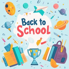 Back to School Illustration with Planets, Stars, Paper Airplane and School Supplies