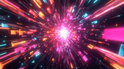 Fototapeta premium A vibrant abstract background featuring a burst of neon light, showcasing a dynamic energy flow, symbolizing speed, technology, future, innovation, and digital world.
