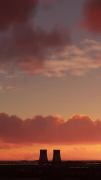 Aerial flight at sunset of a nuclear power plant in Doel. Belgium