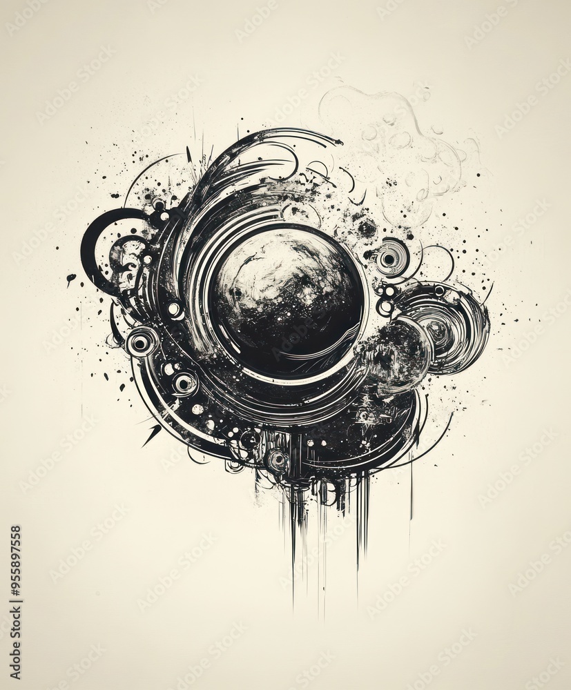 Poster Abstract design featuring a central sphere with swirling lines and splashes of ink.