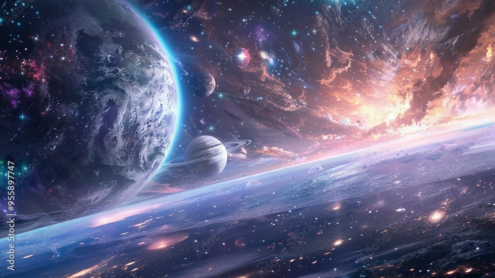 Wall mural a dramatic collision of two galaxies, creating a spectacular display of light and color.