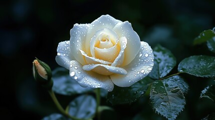 A single white rose covered with tiny water droplets on a dark background  