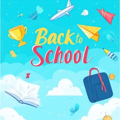 Naklejka premium Back to School Illustration with Book, Backpack, and Paper Airplanes in the Sky
