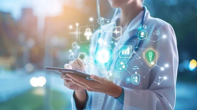Doctors use tablet computers to access patient data and medical information for modern healthcare technology advancement and efficient patient care concept.