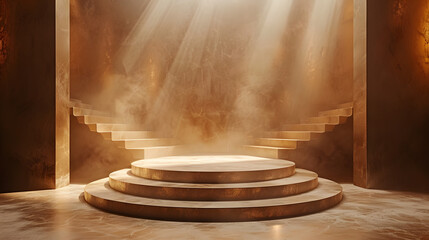 Fototapeta premium Minimalist stage with a single spotlight, warm golden tones, soft shadows