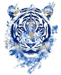 Fototapeta premium A stylized blue and gold tiger head illustration with artistic brush strokes.