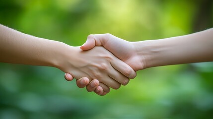 Two hands shaking in front of a green blurred background, symbolizing unity, cooperation, and partnership.