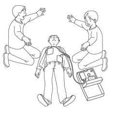 AEDを使って人命救助を行う人　2人