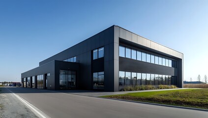 Obraz premium Modern Black Building with Large Windows and Green Grass