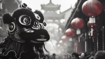 Obraz premium A fun Chinese lion dance performance on the street during the Chinese New Year festival in Chinatown. Holiday and celebration concept.