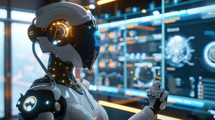 Futuristic robot with glowing lights and a black visor looking at a digital interface.