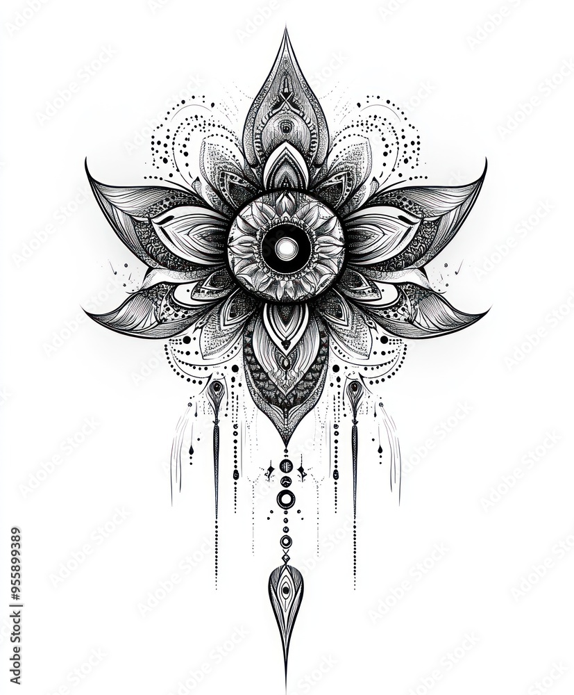 Canvas Prints A detailed black and white mandala flower design with intricate patterns and shapes.