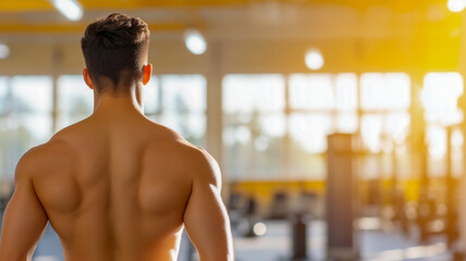 A muscular individual is seen from behind, looking out over a well-equipped gym bathed in warm sunlight.