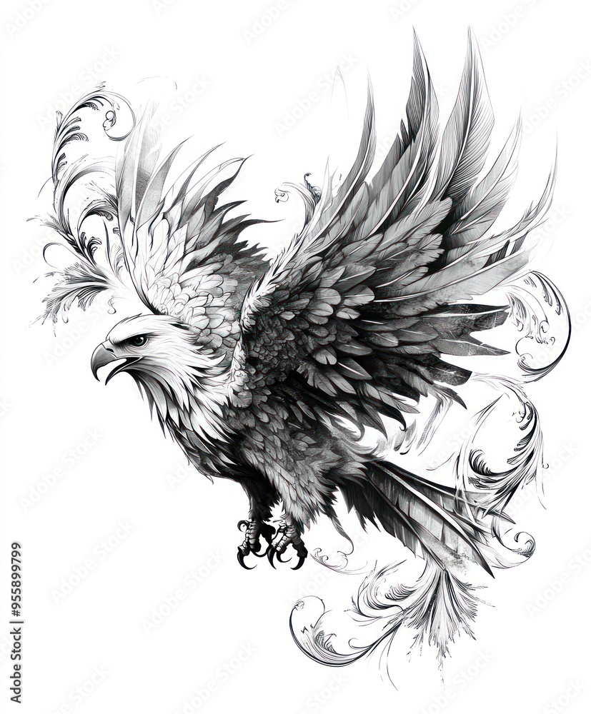 Wall mural A detailed black and white illustration of an eagle with intricate feather patterns.