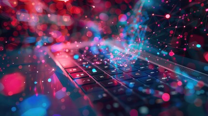 Abstract digital network and connection over laptop keyboard.