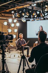 An industry influencer being interviewed on a popular business show. Studio lights and cameras in the background