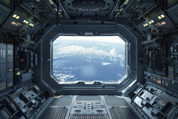 Fototapeta premium A futuristic cockpit with a view of a city and a planet,