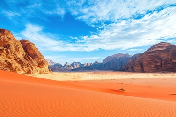 Fototapeta premium Orange red sand desert, rocky formations and mountains background, blue sky above - typical scenery in Wadi Rum, Jordan with generative ai