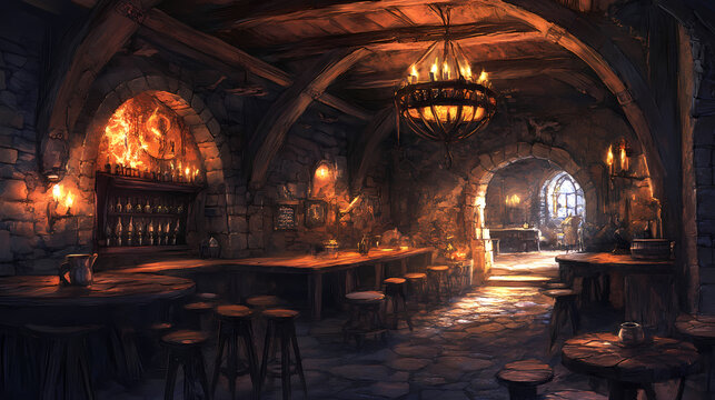 Interior fantasy medieval dungeons and dragons castle stone tavern. Fantasy. Illustration